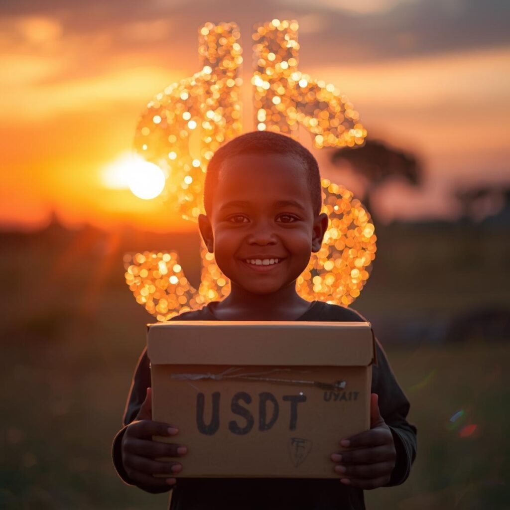 Child holding USDT donation box