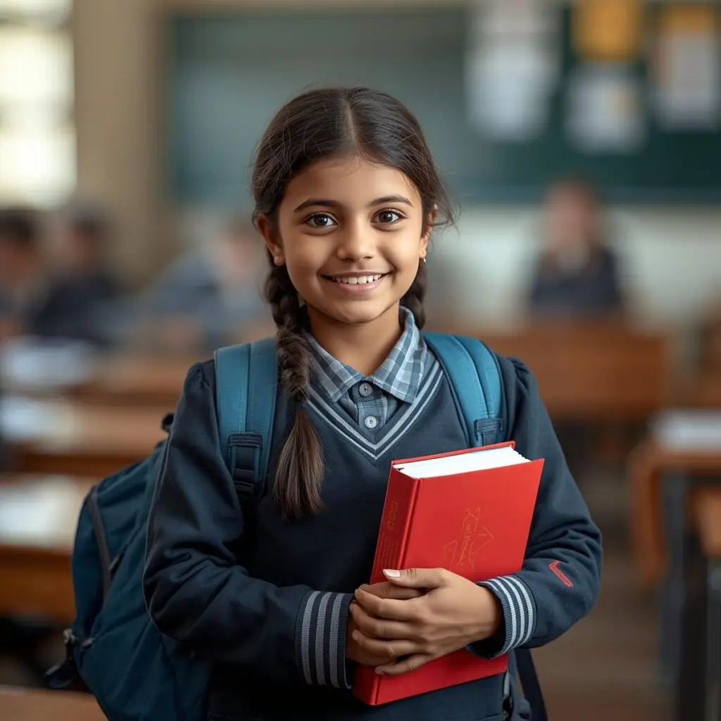Smiling student holding red book