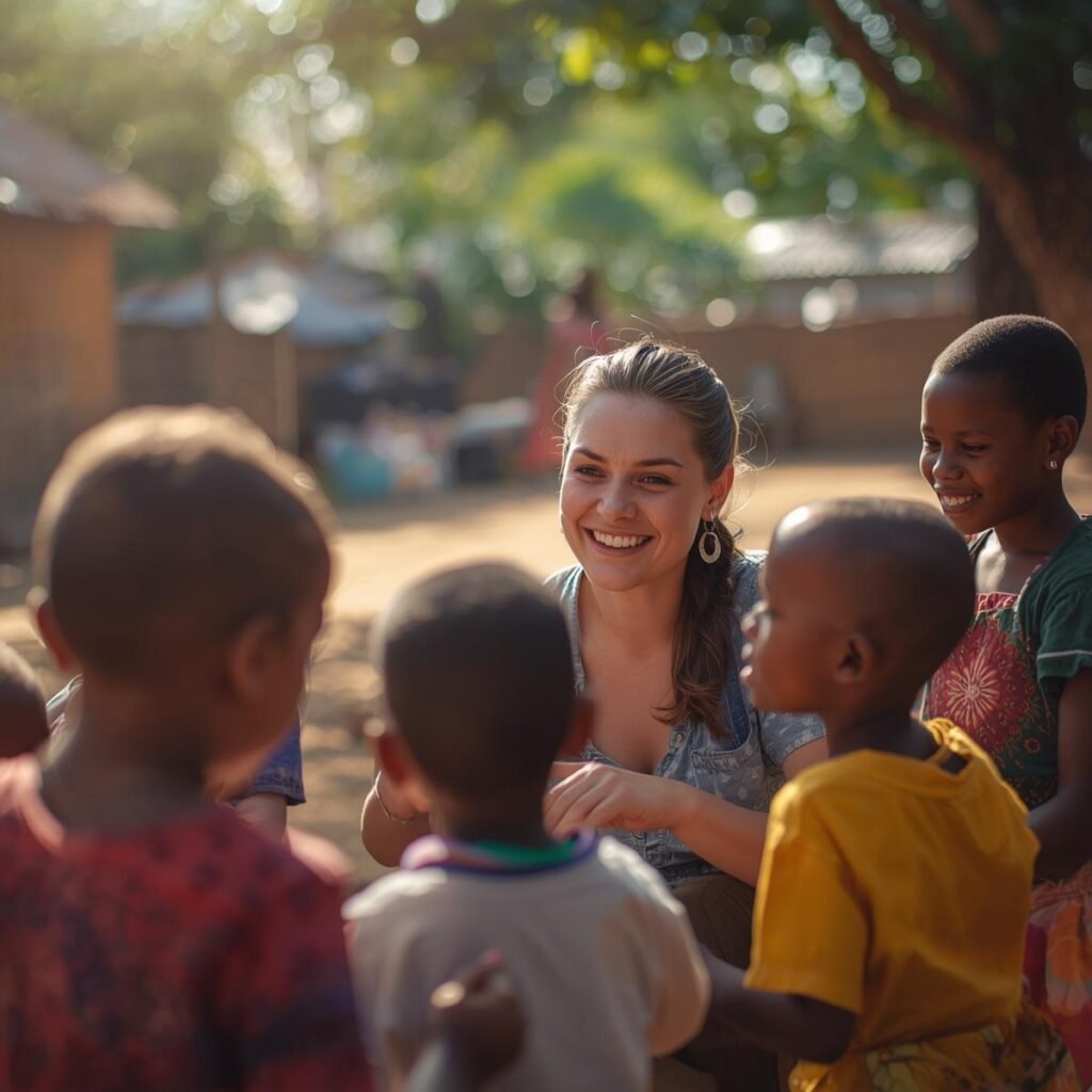 a female volunteer playing with orphaned children in a safe outdoor area, joyful and emotional interaction, realistic style, no text.
